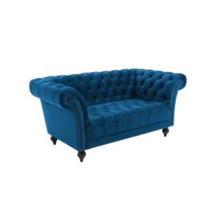 Laura Ashley Chester Blue Plush Velvet Soft Fabric Chesterfield Sofa Front
