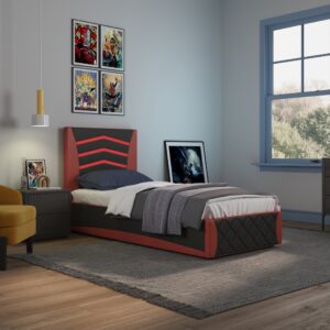 Galaxy Black and Red Faux Leather LED Headboard Ottoman Bed Frame Front