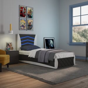 Galaxy Black and White Faux Leather LED Headboard Ottoman Bed Frame Front