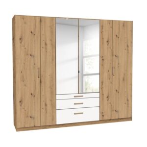 Mosbach 6 Door White & Oak Wardrobe with Mirror and Drawers - 226cm Front