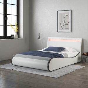 Orion White Faux Leather LED Headboard Bed Frame Front