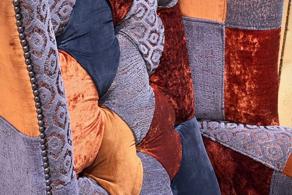 Oswald & Pablo Camborne Patchwork Velvet Chesterfield Wing Chair Side