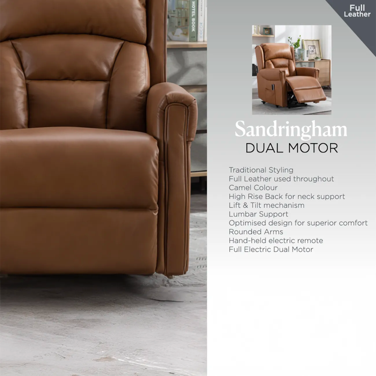 Sandringham Camel Leather Lift & Tilt Recliner (Dual Motor) – LauraAshley Gallery