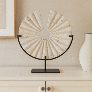 Travertine Fan Sculpture on Black Stand by Laura Ashley Front